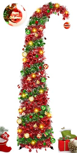 Weihnachtsbaum 150cm Rot-Grün mit 15 Kugellichtern & Ornamenten, Faltbarer künstlicher Weihnachtsbaum Pop Up Weihnachtsbaum mit Beleuchtung, Weihnachtsbaum Deko, Weihnachtsstern Beleuchtet