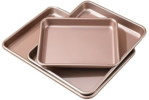 JIEHIN 3er Set Backblech Rosegold, 3 Größen Antihaft Backform aus Karbonstahl, Kuchenblech Rechteckig Ofenbleche Backblech für Backofen
