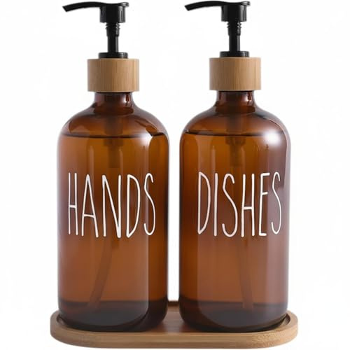 Perclyzm Glass Soap Dispenser Set, Elegant Washing Up Liquid Dispenser with Bamboo Pump and Tray, 500ML Large Capacity for Kitchen, Bathroom, Laundry Room (Brown, 2 Packs)