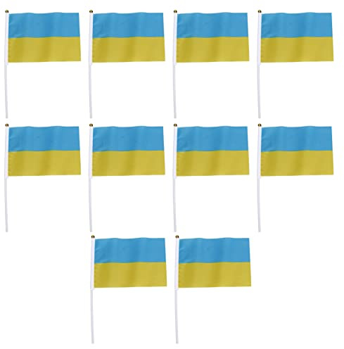 ANKROYU Ukraine-Handflaggen, Mini-Ukrainische Nationalflaggen, kleine Polyester-Flaggen für Sportveranstaltungen, Feste und Dekorationen, Set mit 10 Flaggen mit 10 Fahnenmasten