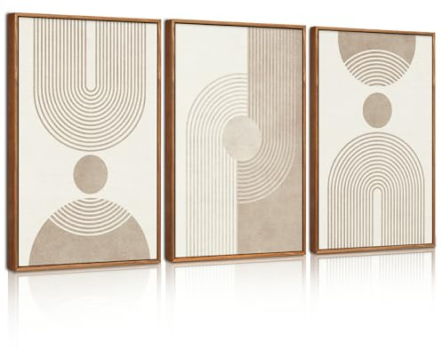 BINCUE Groß Boho Bilder Beige,Abstrakte Wandkunst,Beige Braun Leinwand Wandbilder Rahmen,Moderne Wohnzimmer Wanddeko,Geometrische Abstrakte Bild,Moderne Boho Wanddeko Schlafzimmer Büro 40x60cm*3