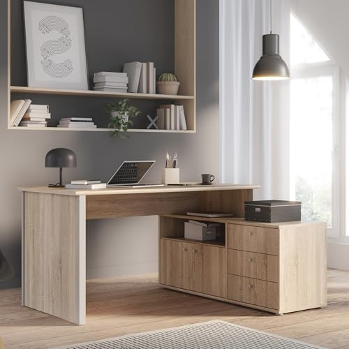 Forte TEMPRA 2 Schreibtisch 120, moderner Schreibtisch in L-Form mit Regal, 2 Türen, 3 Schubladen, Holzwerkstoff, Sonoma Eiche Holzdekor/Grau, 120,6 cm breit x 74,9 cm hoch x 151,4 cm tief
