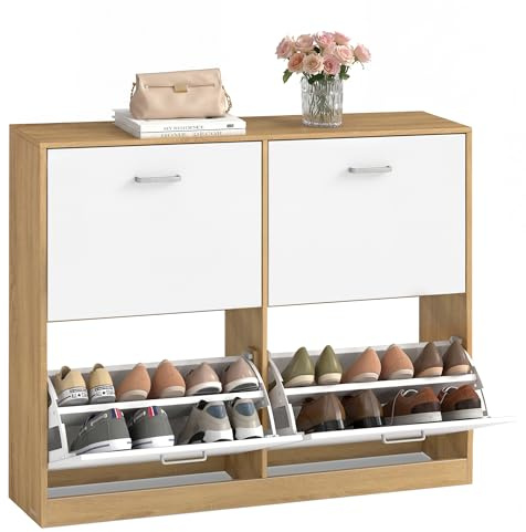 VASAGLE Schuhschrank, Schuhkipper, 4 Klappen, für 16-28 Paar Schuhe | Schuhregal, Schuhaufbewahrung, Trennwand verstellbar, 24 x 105,5 x 82,7 cm, goldeichenfarben, CUSTOS Kollektion LBC035YA01