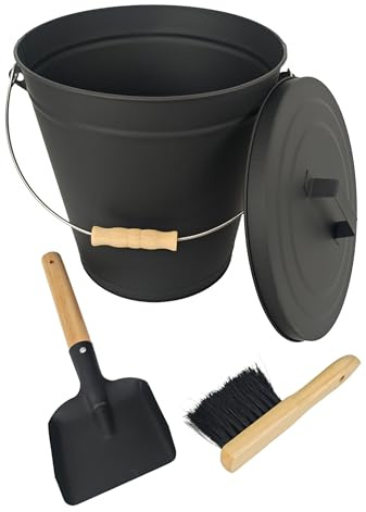 Relaxdays Ascheeimer mit Deckel, Größenwahl, inkl. Aschebesen & Kaminschaufel, Aschebehälter mit Henkel, schwarz/Natur