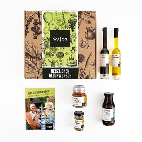 Wajos Geschenkset „Herzlichen Glückwunsch“ – kulinarisches Geburtstag Geschenk für Frauen & Männer mit 5 Feinkost Produkten und Rezeptflyer
