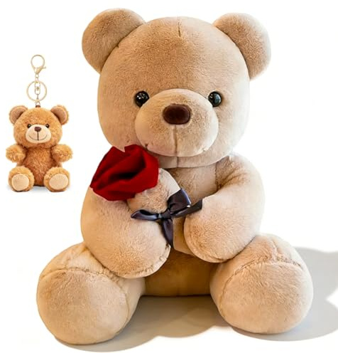 JhavexToy Ours Peluche Beige avec Rose Rouge & Porte-clés Mini Ours – Peluche Douce Déco Chambre, Cadeau Mignon pour Maman, Amie, Anniversaire & Saint-Valentin