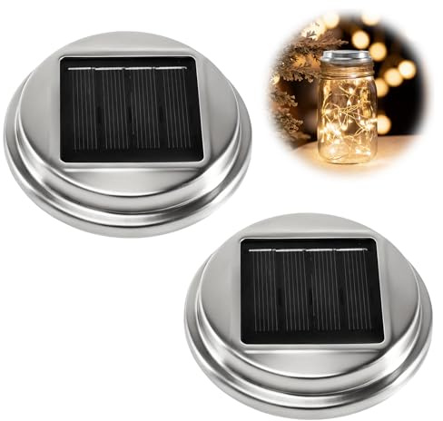 2 Stück Solar Einmachglas Edelstahl Deckel, Warmweißes LED Licht, Solarleuchte, für Gartendeko und Außenbeleuchtung