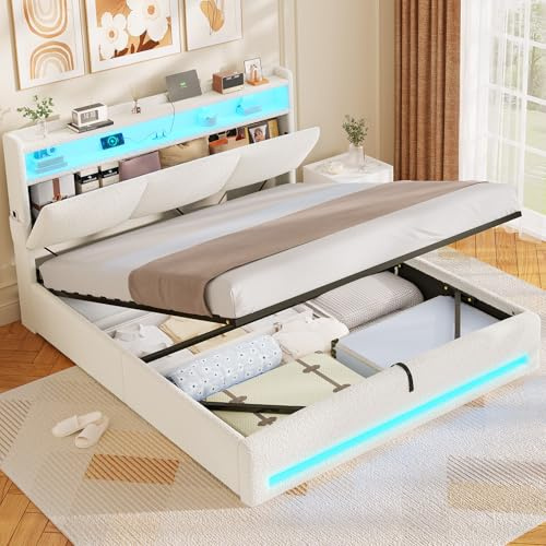 AOGLLATI Lit Coffre 140×190 avec LED et Ports USB,Tête de Lit capitonné avec Étagères Ouvertes et Rangement Caché, lit 2 personnes avec Hydraulique, Sommier à Lattes, Velours Teddy,Beige(sans Matelas)