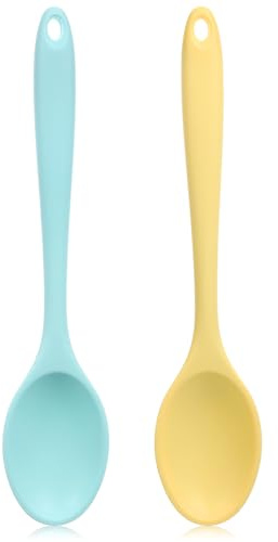 2 Pcs Silicone Mixing Spoons 21cm Nonstick Heat-Resistant Rubber Cooking Spoon Multi Function Kitchen Serving Spoon for Stirring Baking Eating Spaghetti Hot Chocolate, Dishwasher Safe(Yellow Blue)
