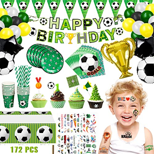 Fußball Partygeschirr Set 172 Teile - Für 20 Gäste, Komplettes Fußball Geburtstag Deko Set mit Pappteller, Becher, Servietten, Tischdecke & Luftballons, Sport Kindergeburtstag & WM 2026 Public Viewing