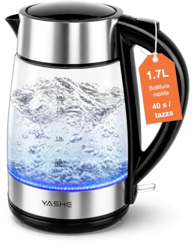 YASHE Bollitore Elettrico in Vetro 1,7L 2200W A Bollitura Rapida | LED Blu, Filtro Anticalcare, Spegnimento Automatico, Protezione A Secco, Base 360°, Senza Plastica