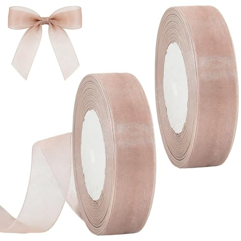 2 Rollos Set de Cinta Organza, 45m x 25mm Rollos de Cinta Transparente Rosa, Cintas de Tela para Envolver Regalos Árboles de Navidad Bricolaje Lazos Invitaciones de Boda Coronas de Flores