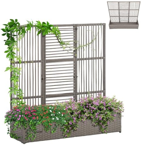 Outsunny Hochbeet mit Rankgitter Rattan-Optik 103 x 29 x 103 cm Grau | Pflanzkasten mit Rankhilfe, für Kletterpflanzen, Blumenkasten, Blumenbeet, Pflanzkübel, Rankkasten, für Garten, Balkon