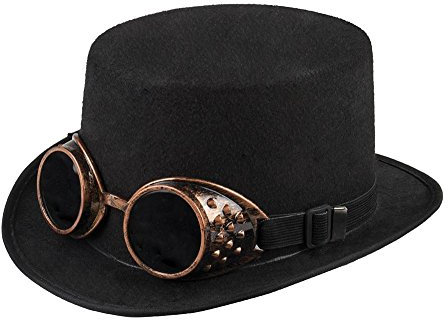 shoperama Schwarzer Zylinder mit bronzefarbenen Steampunk Goggles Gr. 59 Hut Brille Herren