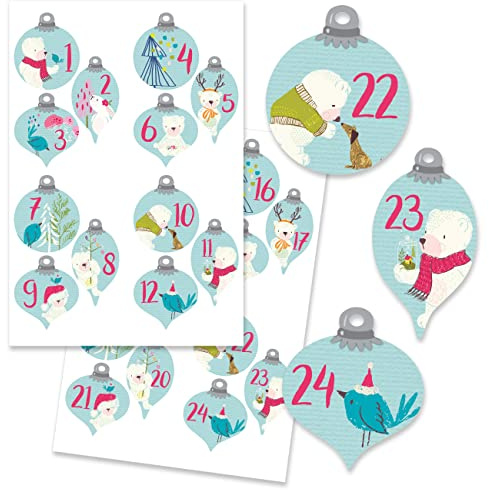 Papierdrachen 24 Adventskalender Zahlenaufkleber - Kugeln mit blauen Bärchen Nr 57 - Aufkleber - zum Basteln und Dekorieren deines ganz persönlichen Adventskalenders
