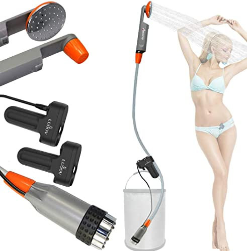 Qbuds Portable Camping Shower, Compact Shower Pump with Dual Detachable USB Rechargeable Batteries, Handheld Outdoor Shower Head for Camping, Hiking, Traveling, Emergency Use(2 Battery)