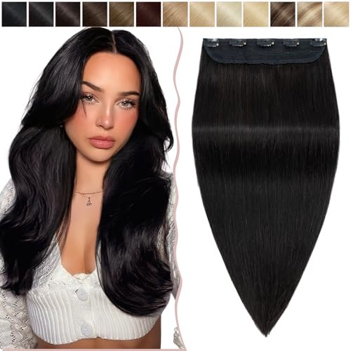 SEGO Haarteil Clip in Extensions Echthaar DICKER Haarverlängerung 1 Tresse 5 Clips Human Hair Glatt Naturschwarz #1B-1 22(55cm)-100g
