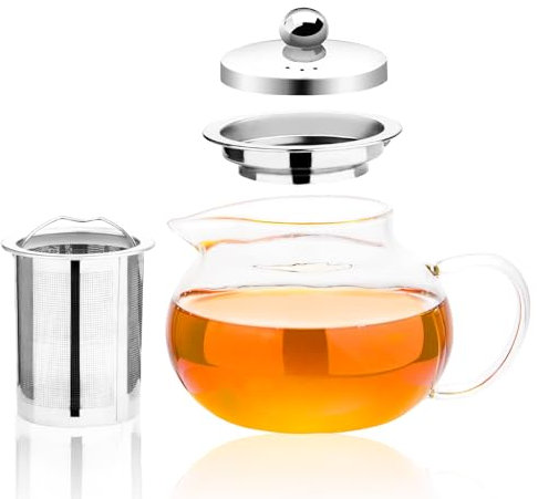 Warmyee Hofu Small Clear High Borosilicate Glass Tea Pot with Removable 304 Stainless Steel Infuser, Heat Resistant Loose Leaf Teapot,Stovetop Safe, 660 ml/22.3 Ounce.