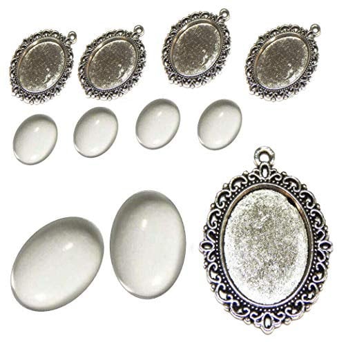 8 Teile 4 Stück Charm Leere Lünette Tablett Medaillons Metall Anhänger Fassungen Schmuck 18 x 25mm Oval 4 Stück Klar Glas Cabochon Bastelset (Altsilber)