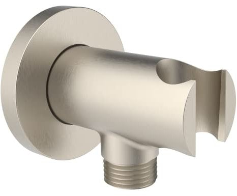 Aquaiaw Wall Supply Elbow with O-Ring Flange, All Solid Brass Wall Union with Handshower Holder, Round Wall Supply Elbow W/Hand Shower bracket, Brushed Nickel, 1/2 NPT Female Inlet, G1/2 Male Outlet