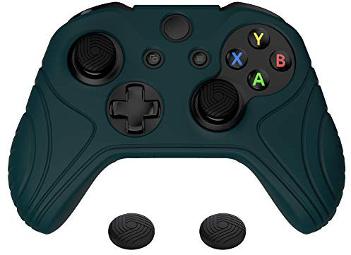 PlayVital Funda de Silicona para Xbox One S/X - Cubierta de Goma, Protector Antideslizante de Tacto Suave, Carcasa con 2 Tapas de Joystick, Protección Completa para Mando (Oscuro Verde)