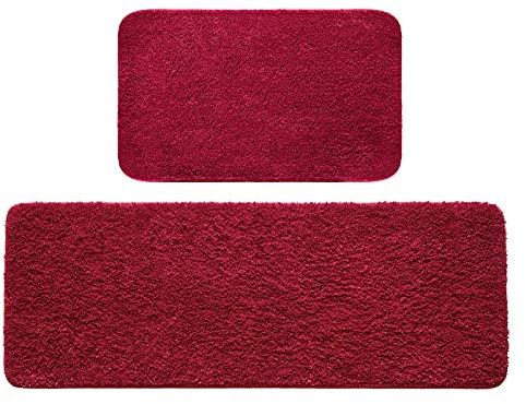 MIULEE Badematte Duschvorleger Badvorleger Flur 2er Set rutschfest Matte Teppiche Badteppich Badezimmerteppich Waschbar Saugfähig für Bad Wohnzimmer Rot 40x60 cm und 45x120 cm