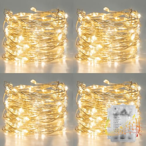 EAMBRITE 4 Pack Fairy Lights Battery Operated with 8 Modes 50 LEDs String Lights Silver Wire Music Sync Light Waterproof for Outdoor Decor, Indoor Wedding Party Bedroom Decorations (5.2m, Warm White)