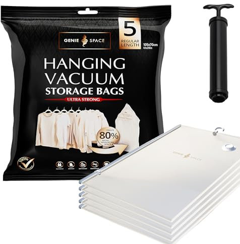 GENIE SPACE - Unglaublich starke Premium Vakuumbeutel zum Aufhängen | 5 x REGULAR (105x70cm) | Luftdicht & wiederverwendbar | 80% mehr Platz | Für Jacken, Mäntel, Kleider, Oberteile und mehr