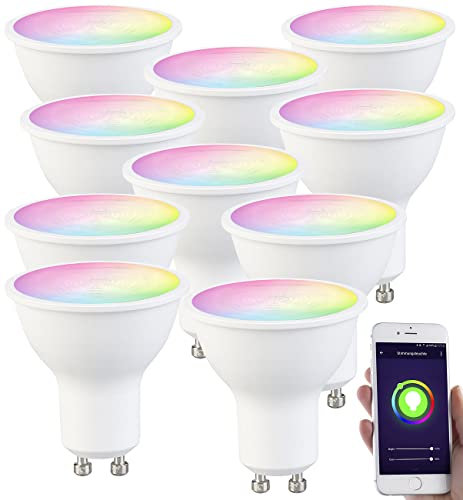 Luminea Home Control Led Einbaustrahler: 10er-Set WLAN-LED-Spots, GU10, RGB-CCT 4,5Watt, 326 lm, 45°, App (Wlan Led Lampe, Alexa GU10-LED, Wohnzimmerleuchten)