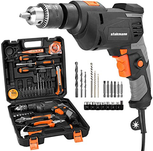 Stakmann Valigetta Attrezzi 35pz con Trapano Elettrico a Percussione Potenza 710W Velocita Regolabile 0-3000rpm Mandrino 13mm con Chiavino con Manico Ausiliario e Misuratore di profondità