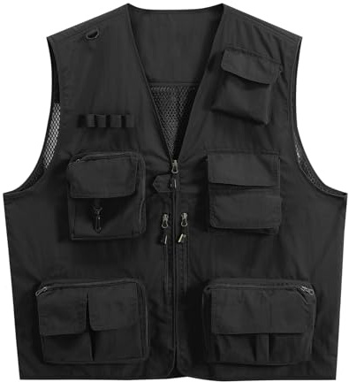 YOUTHUP Gilet de Pêche pour Hommes à l'extérieur avec Multi-Poches Gilet Léger Respirant à Séchage Rapide pour Pêche en Camping, Noir, XL