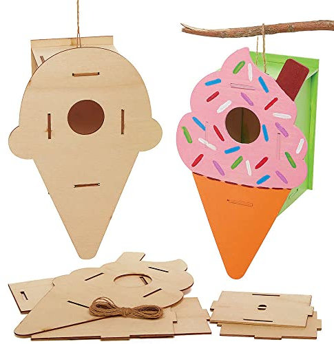 Baker Ross FC794 Ice Cream Wooden Bird House Kits - Pack of 2, Kids Paint Your Own Kit, Bird Box Craft for Kids