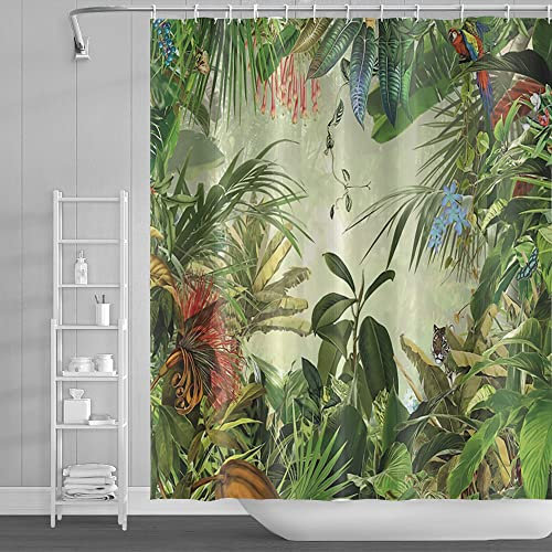 SDOTPMT 105x160cm Tropisch Regenwald Duschvorhang Neblig Urwald Grün Palmblätter Blume Badevorhang Natur Landschaft Badewannenvorhang für Badezimmer Dekor Stoff Polyester Wasserdicht mit Haken