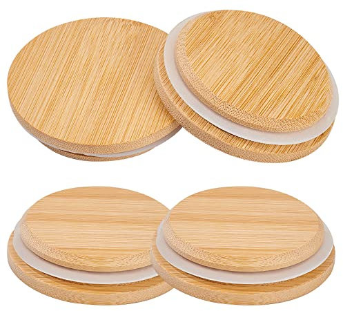 GORGECRAFT Lot de 4 couvercles de Pots de Yaourt Oui Couvercles en Bois de Bambou Qui S'Adaptent aux Pots de Yaourt avec Tampon en Silicone pour un Ajustement Parfait Hermétique,70.5mm