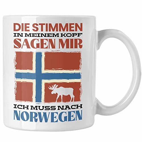 Trendation - Norwegen Geschenke Tasse Flagge Nordkap Elch Die Stimmen In Meinem Kopf Sagen Ich Muss Nach Norwegen (Weiß)
