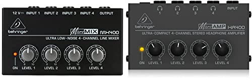 Behringer MICROMIX MX400 Ultra Low-Noise 4-Channel Line Mixer, Black & MICROAMP HA400 Ultra-Compact 4 Channel Stereo Headphone Amplifier