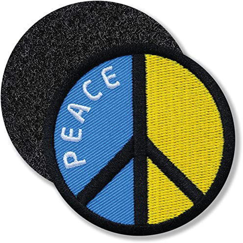 Klettpatch - Peace Zeichen rund gestickt 62 mm/Ukraine Flagge Gelb Blau Frieden Krieg/Klett-Patch Patch Patches Klett Abzeichen auf Kleidung Rucksack/Blau-Gelb