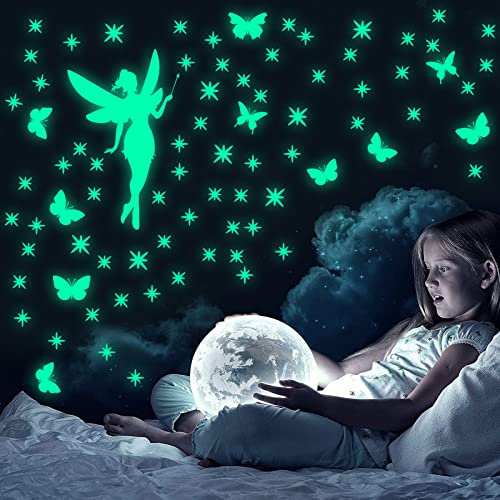 Leuchtsterne Wandtattoo Fee Schmetterling Sternen Leuchtsticker Wandsticker Kinderzimmer Mädchen Leuchtaufkleber Selbstklebend Fluoreszierend Aufkleber Wanddeko für Mädchen Geschenke