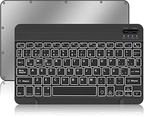 Teclado Español Ñ Bluetooth Inalámbrico Retroiluminados Súper Delgado para iOS Apple iPad Tablet, Android Samsung, Huawei, Lenovo, Windows, para Todos los Dispositivos con Bluetooth, Negro