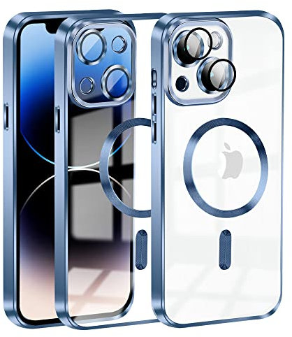 Cover Magnetica per iPhone 14, Custodia Compatibile con MagSafe, Protezione Antiurto di Livello Militare Telefono Silicone [Copertura della fotocamera], Blu Trasparente