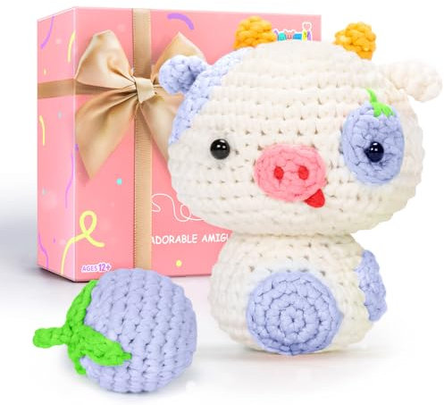 Mewaii Häkelset für Anfänger, komplettes DIY-Set mit über 40% vorgefertigtem Bandgarn, Schritt-für-Schritt-Video-Anleitungen für Erwachsene und Kinder (Blaubeerkuh)