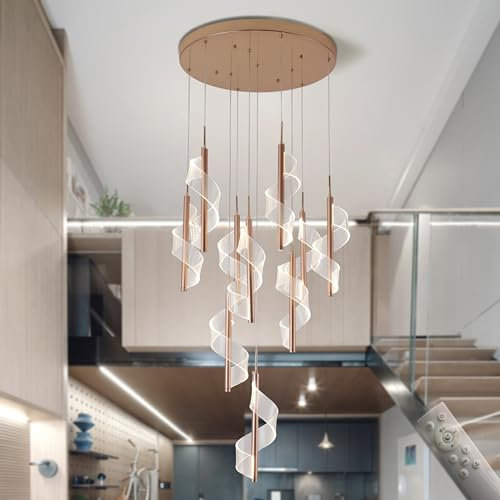 JHYPVII LED Gold Pendelleuchte Treppenhaus Lang Dimmbar 10-Flammig Hängeleuchte Treppenhaus mit Fernsteuerung Modern Hängelampe Spirale-Design Höhenverstellbar, Flur Villa Hotel Treppen Shop