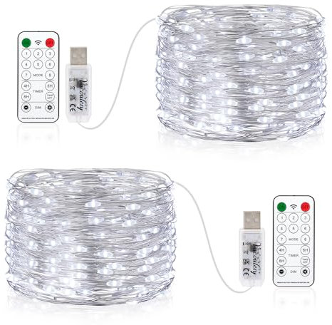 Vacoulery 2 Piezas Guirnalda Luces USB, 10M 100 LED Cadena de Luces 8 Modos Con Mando Timer Impermeable Para Habitación Interior Bodas Fiesta de Navidad