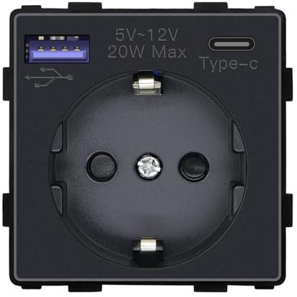 BSEED Enchufe de pared con USB C 20W,Negro Schuko Enchufe con Cargador rápido USB Tipo C,de la EU de 16Amp con conector de enchufe USB (Máx. 2.1A) Puerto Tipo C de reemplazo 86mm