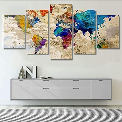 Leinwandmalerei Bunte Weltkarte Rahmenlos 200 X 100 Cm 5 Stück Wandkunst Malerei Tapeten Posterdruck Wohnzimmer Schlafzimmer Esszimmer Büro Kinderzimmer Wohnkultur Kunstwerk