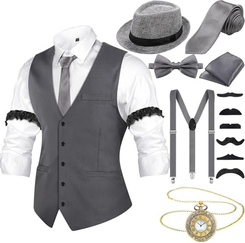 20er Jahre Herren Accessoires mit Weste Fedora Hut Taschenuhr Fliege Krawatte Hosenträger und Requisit (Grau, M)