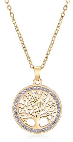Dreamtimes Baum des Lebens Halskette für Frauen Edelstahl Gold Farbe Clear Zirkon Runde Anhänger Hals Ketten Familie Baum Mode Charme Luxus Schmuck Hochzeit Geschenk (Gold)