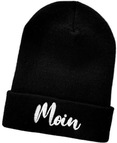 Schnoschi Schwarze Mütze/Strickmütze mit Moin Spruch Bestickt für Damen, Herren, Jugendliche und Kinder, Beanie Wollmütze Hip Hop Wintermütze Rollmütze Streetwear Unisex OneSize
