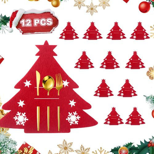 TSASWEET 12 Portaposate Natalizio in Feltro Portaposate a Forma di Albero di Natale Porta Posate per Natale Portaposate per Decorazione Tavola di Natale per Coltelli, Forchette, Cucchiai, Stoviglie