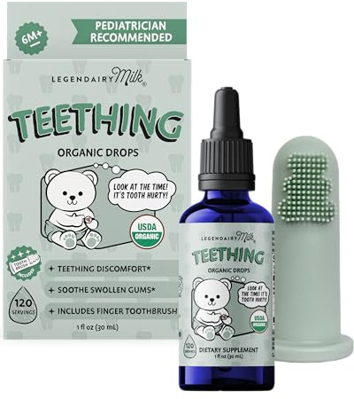 Legendairy Milk Organic Baby Teething Relief Drops with Silicone Toothbrush, Gum Relief for Babies & Toddlers 6 M+, Soothing Chamomile Clove Blend, Teething Gel Alternative, Sugar Free, 120 Servings